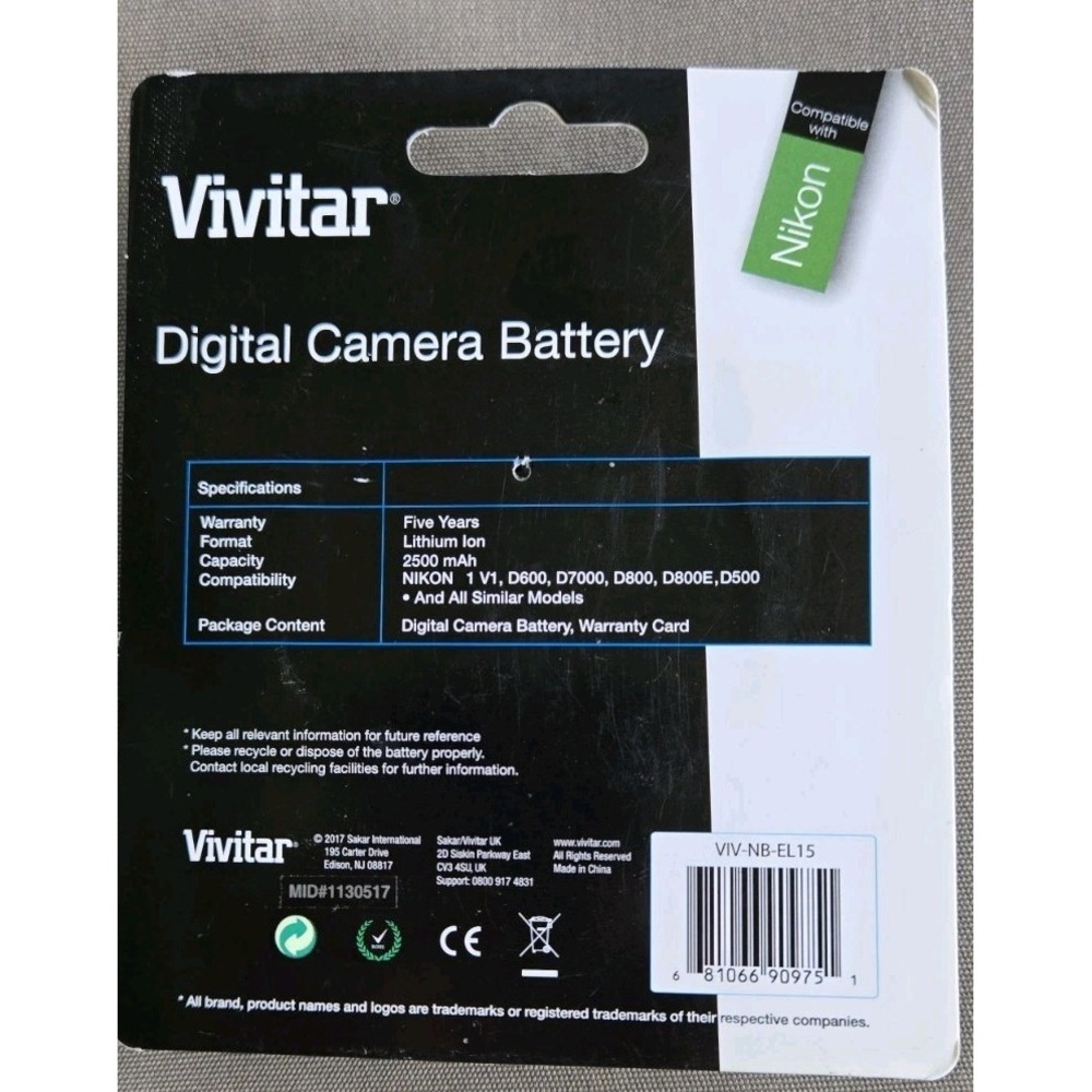 Vivitar EN-EL15 Replacement Battery for Nikon D750 D500 D780 D7000 D7200 Camera - Picture 2 of 2